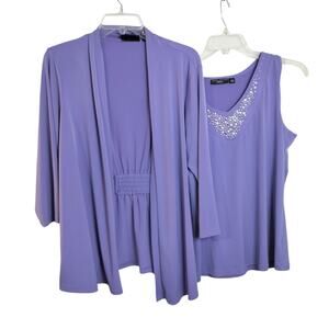 4460)Susan Graver Lavender Liquid Knit 2 pcs Drape Cardigan  Embellished Tank L